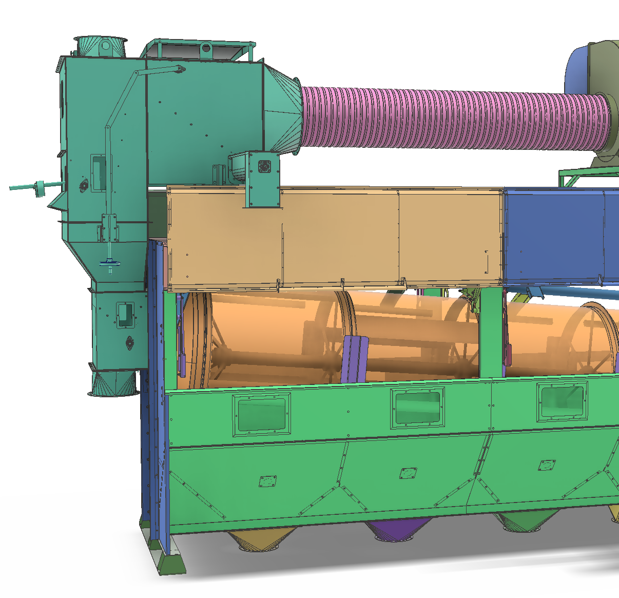 Rotary drum cleaner for food processing lines